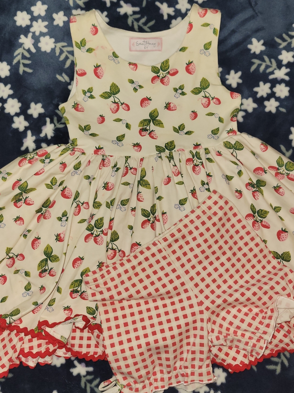 SweetHoney Cream Dress Set with Strawberry Print and Red Gingham Shorts